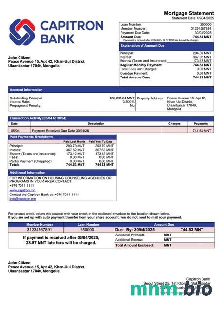 Mongolia Capitron Bank wyciąg z kredytu hipotecznego szablon Word i PDF